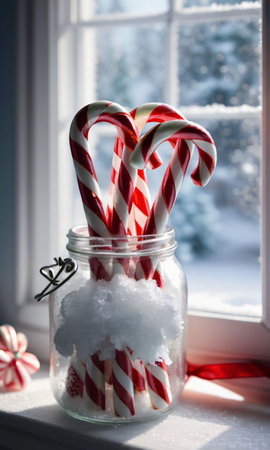 Christmas Candy Canes In A Jar, Set Against A Frosty Window, Illuminated By The Morning Sun. Generative AIの素材