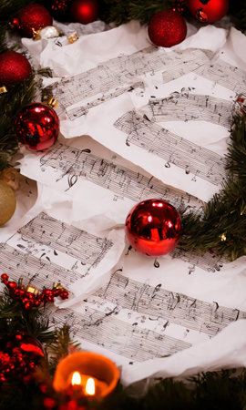 Christmas Music Notes And Instruments On A Sheet, The Paper Glowing In The Warm Firelight. Generative AIの素材