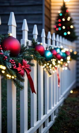 Christmas Decorations And Lights On A Fence, Their Colors Muted In The Soft Light Of Dusk. Generative AIの素材