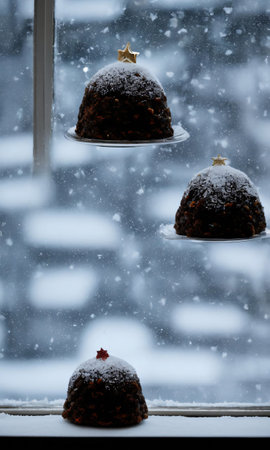 Christmas Pudding On A Snowy Windowsill, With The Dark, Starry Night Visible Through The Glass. Generative AIの素材