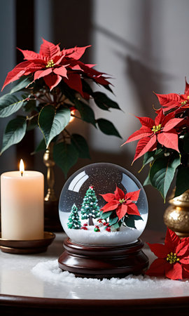 A Snow Globe And Poinsettias On A Table With The Shadows Cast By Candleligh. Generative AIの素材