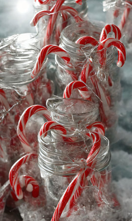 Christmas Candy Canes In A Jar, Set Against A Frosty Window, Illuminated By The Morning Sun. Generative AIの素材