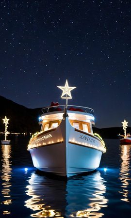 Christmas Lights And Stars On A Boat, Their Reflections Dancing On The Water Below. Generative AIの素材