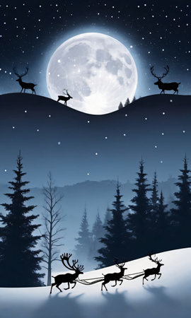 A Sleigh And Reindeer Silhouettes Against A Moonlit Snowy Landscap. Generative AIの素材