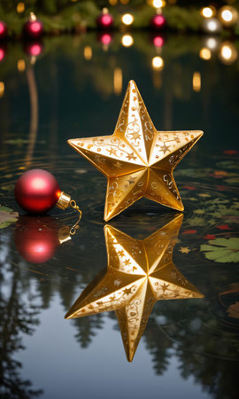Photo Of Christmas Golden Star Reflecting On A Pond With Floating Ornament. Generative AIの素材