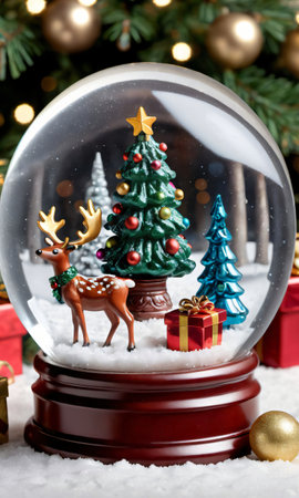 Photo Of Christmas Snow Globe Featuring A Christmas Tree, Reindeer, And Gift. Generative AIの素材