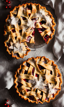 A Christmas Pie On A Cooling Rack, With A Backdrop Of A Snowy Window, In The Soft Light Of Dawn. Generative AIの素材