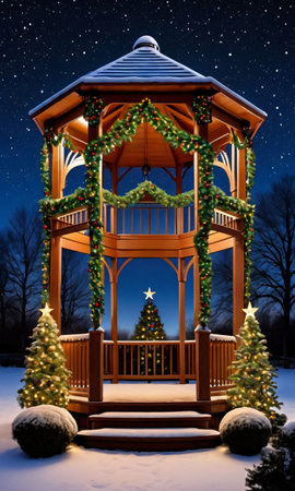 A Starry Night With A Gazebo Adorned With Mistletoe And Christmas Light. Generative AIの素材