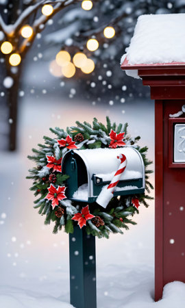 Photo Of Christmas Snow-Covered Mailbox With A Wreath And Fairy Light. Generative AIの素材