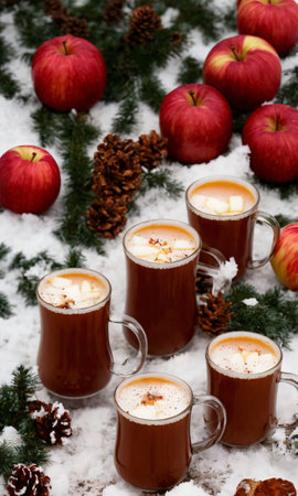 A Cup Of Christmas Hot Apple Cider, With A Snowy Forest In The Background, Captured At Dusk. Generative AIの素材