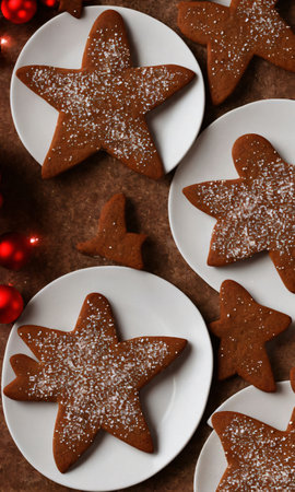 A Christmas Gingerbread Star On A Plate, With A Backdrop Of Twinkling Lights, In The Soft Evening Light. Generative AIの素材