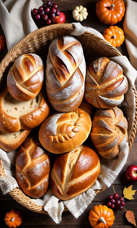 Thanksgiving Rustic Bread Loaves In A Baske. Generative AIの素材