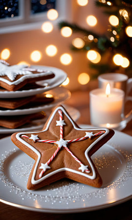 A Christmas Gingerbread Star On A Plate, With A Backdrop Of Twinkling Lights, In The Soft Evening Light. Generative AIの素材