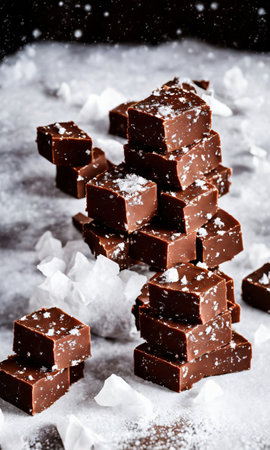 Christmas Fudge On A Rustic Wooden Table, With A Snowy Windowpane In The Background, Under Moonlight. Generative AIの素材