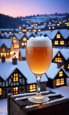 A Glass Of Christmas Cider, With A Snowy Village Scene In The Background, Captured At Twilight. Generative AIの素材