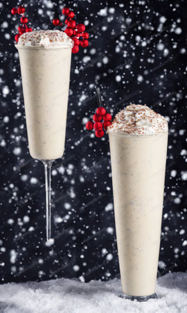 A Christmas Milkshake With Whipped Cream, Set Against A Backdrop Of A Snowy Cityscape, Under Streetlights. Generative AIの素材