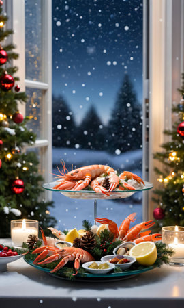 A Christmas Seafood Platter, Set Against A Backdrop Of A Snowy Garden, Visible Through A Glass Door, At Night. Generative AIの素材