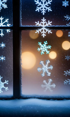 Christmas Lights And Snowflakes Against A Foggy Window, Captured At Nigh. Generative AIの素材