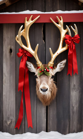 Photo Of Christmas Reindeer Antlers Wrapped With Red Ribbons And Golden Stars, Leaning Against A Barn Doo. Generative AIの素材