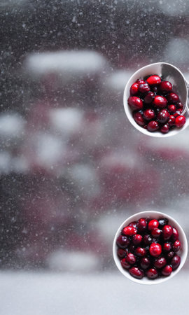 A Bowl Of Christmas Cranberry Sauce, With A Snowy Window In The Background, At Dawn. Generative AIの素材
