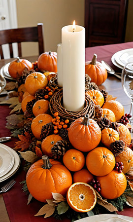 Thanksgiving A Table Centerthanksgiving Piece With Dried Orange. Generative AIの素材