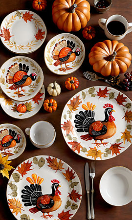 Thanksgiving Hand-Painted Turkey Dishwar. Generative AIの素材