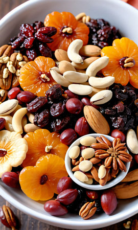 Thanksgiving Dried Fruit And Nut Mix In A Bow. Generative AIの素材