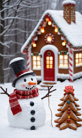 Photo Of Christmas Snowman Holding A Lantern Beside A Gingerbread House In A Snow-Covered Meado. Generative AIの素材