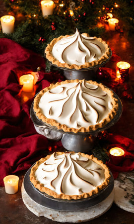 A Christmas Meringue Pie, With A Backdrop Of A Decorated Fireplace, Under The Warm Glow Of Firelight. Generative AIの素材