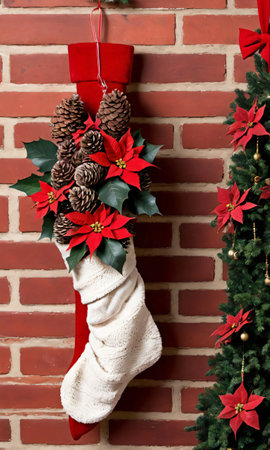 Photo Of Christmas Stockings Filled With Pinecones And Poinsettias Hung Against A Red Brick Wal. Generative AIの素材