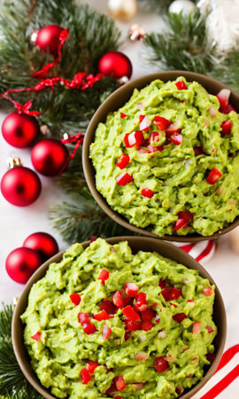 Christmas Guacamole In A Festive Bowl, With A Backdrop Of A Decorated Christmas Tree, Under Indoor Lights. Generative AIの素材