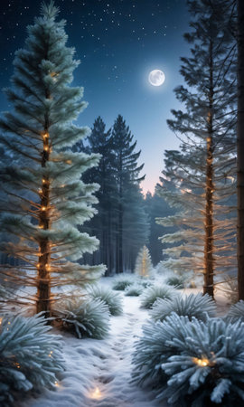 Frosty Pine Needles And Twinkling Fairy Lights In A Serene Moonlit Winter Fores. Generative AIの素材