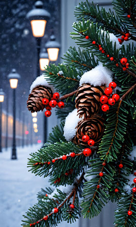 Pine Cones And Holly On A Snowy Evening, Illuminated By Street Light. Generative AIの素材