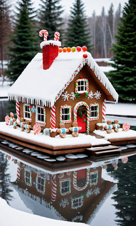 Photo Of Christmas Gingerbread House With A Snow-Covered Roof And Jingle Bell Decorations Beside A Frozen Pon. Generative AIの素材