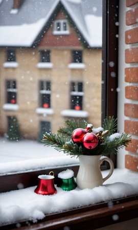 Photo Of Christmas Ornamental Bells On A Snowy Windowsill Beside A Glass Of Milk, Overlooking A Quiet Village Stree. Generative AIの素材