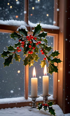 Mistletoe And Holly Beautifully Illuminated By Candlelight, Set Against A Snowy Windo. Generative AIの素材