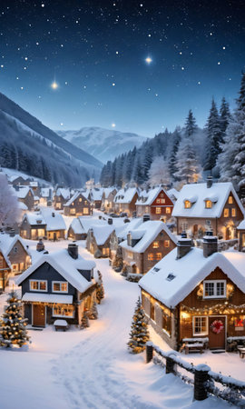 A Snowy Village Scene With Houses Adorned With Twinkling Lights And Festive Star. Generative AIの素材