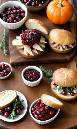 Thanksgiving Cranberry Orange Relish, Herb-Roasted Potatoes, And Mini Turkey Sandwiche. Generative AIの素材