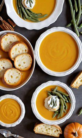 Thanksgiving Pumpkin Soup, Baked Brie, And SautÃ£Â©Ed Green Bean. Generative AIの素材