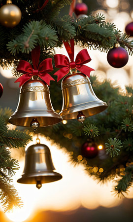 Christmas Bells Hanging From A Tree, Glistening Under The Soft Light Of The Setting Sun. Generative AIの素材