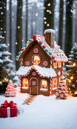 Photo Of Christmas Gingerbread House With Fairy Lights And A Pile Of Gifts Outside, Set In A Snowy Forest Clearin. Generative AIの素材