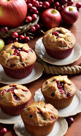 Thanksgiving Cranberry Muffins, Rustic Apple Tart, And A Wheat Sheaf Centerthanksgiving Piec. Generative AIの素材