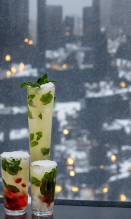 A Christmas Mojito, Set Against A Backdrop Of A Snowy Cityscape, Visible Through A Window, At Twilight. Generative AIの素材