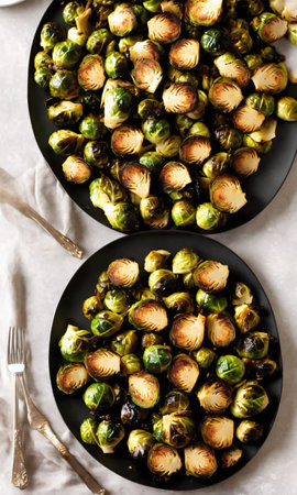 Christmas Roasted Brussels Sprouts On A Platter, With A Backdrop Of A Cozy Fireplace, Under The Soft Glow Of Firelight. Generative AIの素材