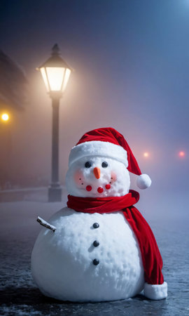A Snowman And SantaÃ¢ÂÂS Hat In A Foggy Setting, Illuminated By Street Light. Generative AIの素材