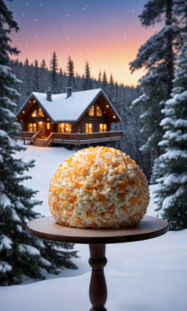 A Christmas Cheese Ball, Set Against A Backdrop Of A Snowy Forest, Visible Through A Cabin Window, At Dusk. Generative AIの素材