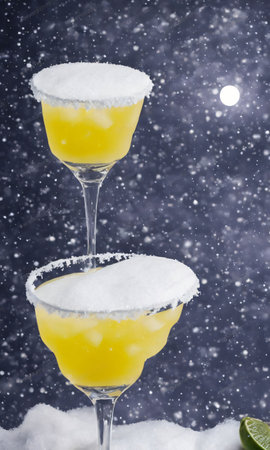 A Christmas Margarita, Set Against A Backdrop Of A Snowy Landscape, Illuminated By Moonlight. Generative AIの素材