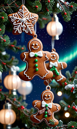 Photo Of Christmas Gingerbread Cookies Hanging From A Tree Adorned With Mistletoe And Lanterns, With A Backdrop Of The Northern Light. Generative AIの素材