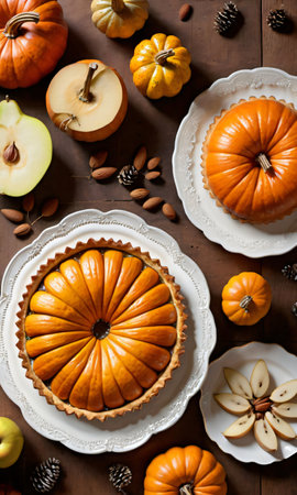 Thanksgiving Rustic Pumpkin Centerthanksgiving Piece, Pear Tart, And Almond Slice. Generative AIの素材
