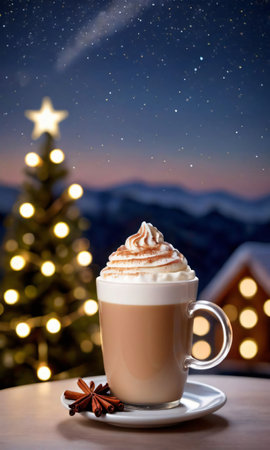 A Christmas Spiced Latte, With A Backdrop Of A Starry Night Sky, In The Soft Evening Light. Generative AIの素材
